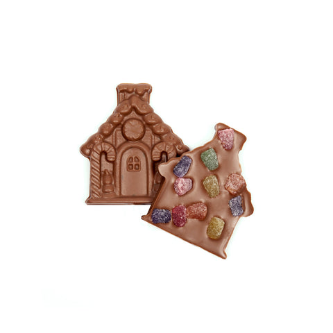 Product photo of two chocolate molded gingerbread houses with gum drops