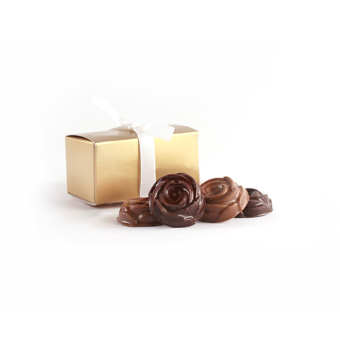 Product photo of two chocolate rosebud box with ribbon