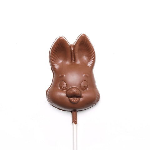 A chocolate bunny face on a stick.