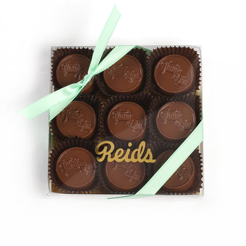 Product photo of thank you chocolate bites box with mint ribbon
