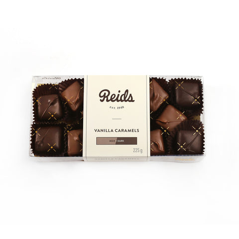 1/ 2 lb clear box of milk and dark chocolate vanilla caramels.