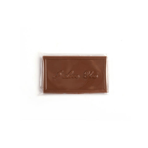 Image of milk chocolate bar with I love you in a script font.