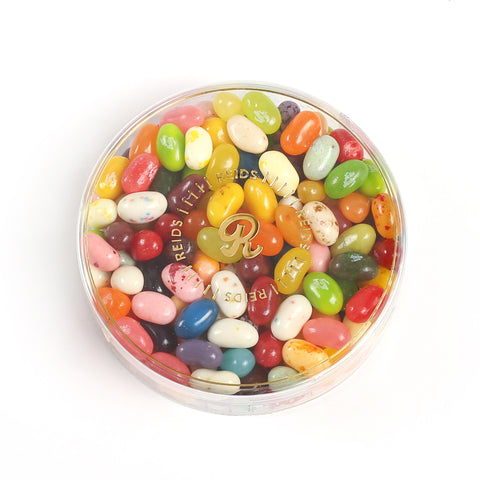 Clear round container with assorted flavoured jelly bellies