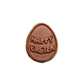 Solid chocolate molding in an egg shape with happy easter written on top.