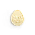Solid chocolate molding in an egg shape with happy easter written on top.