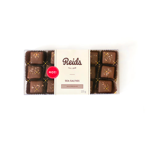 Our classic milk chocolate Sea Salties with Hespeler Pepper Company hot chilli pepper salt sprinkled on top.