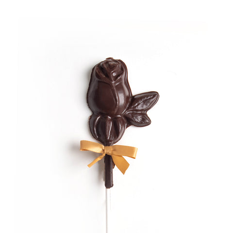 Product photo of dark chocolate rose on a stick