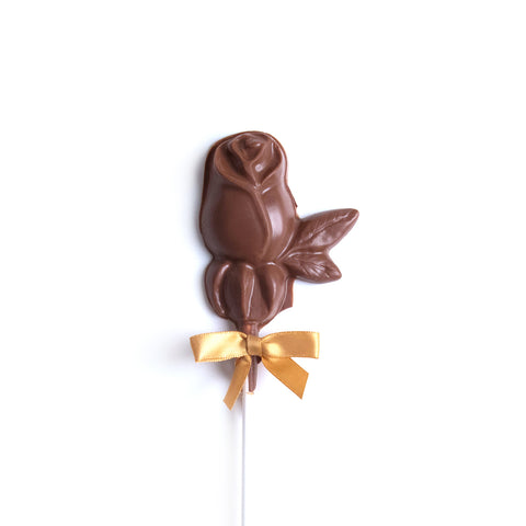 Product photo of milk chocolate rose on a stick