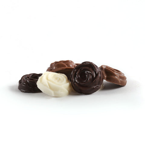 Product photo of assorted rosebuds. A dark, a milk and a white