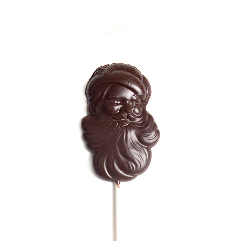 Product photo of dark chocolate Santa head molding on a stick.