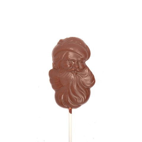 Product photo of milk chocolate Santa head molding on a stick.