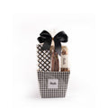 The small basket comes in a black and white houndstooth basket. Wrapped cellophane and tied with a black stain bow.