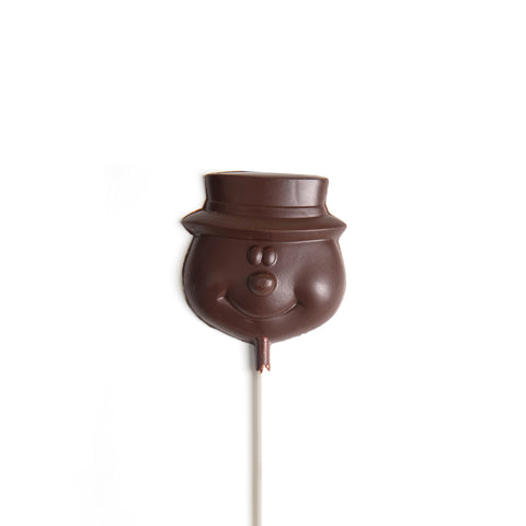 Product photo of dark chocolate snowman head mold on a stick