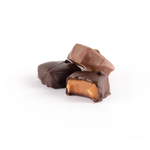 Product photo of milk and dark chocolate vanilla caramels.